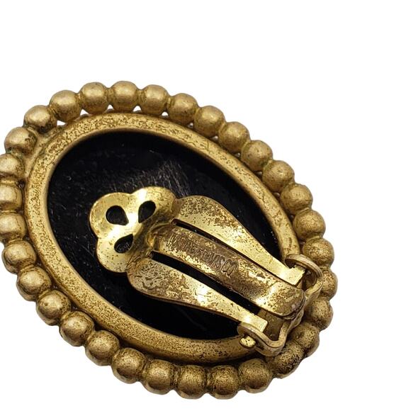 Whiting Davis Faux Black Onyx Clip Earrings Gold Tone MCM 1960s Oval Classic - Picture 6 of 6